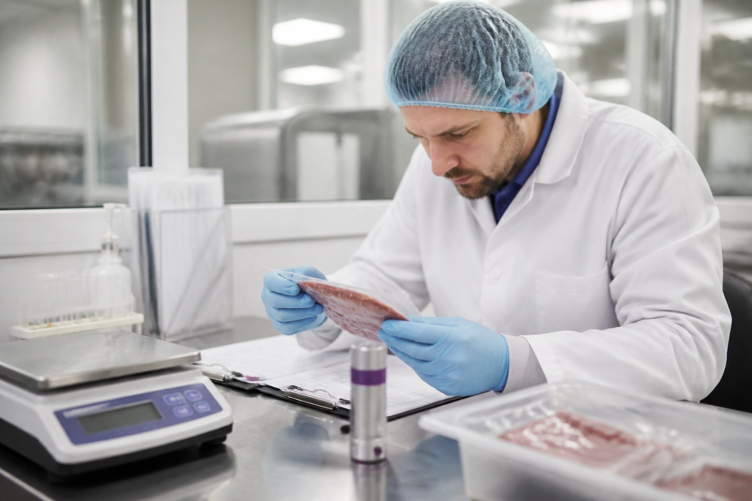 Контролёр качества пищевой продукции проверяет запечатанный образец на рабочем месте контроля