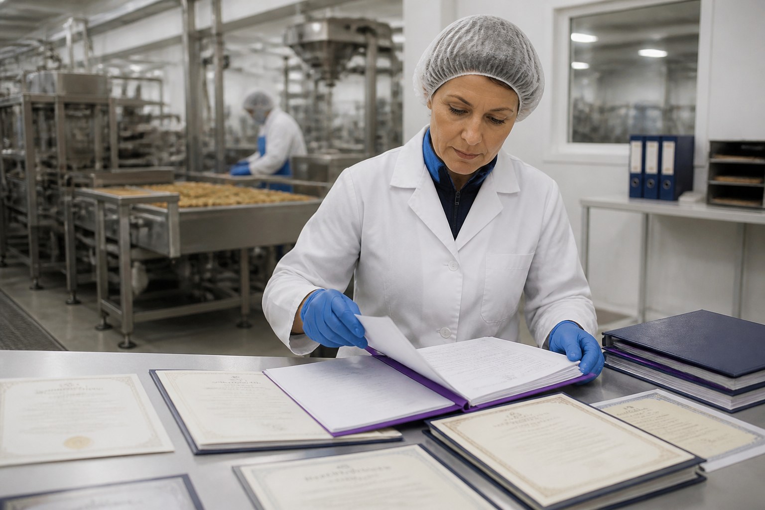 Контролёр качества пищевой продукции готовит документы о квалификации рядом с производственной средой