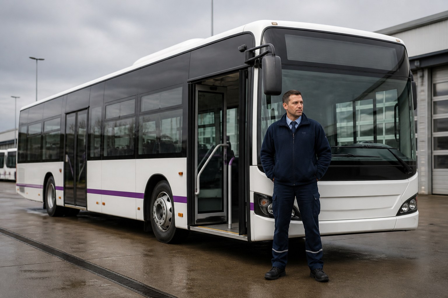 Профессиональный водитель автобуса стоит рядом с пассажирским автобусом на транспортной площадке
